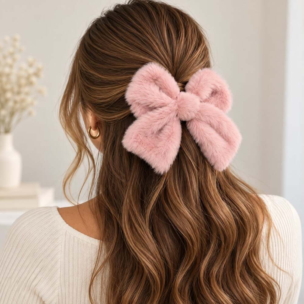 Coquette Soft Girl Pink Faux Fur Plush Statement Hair Bow